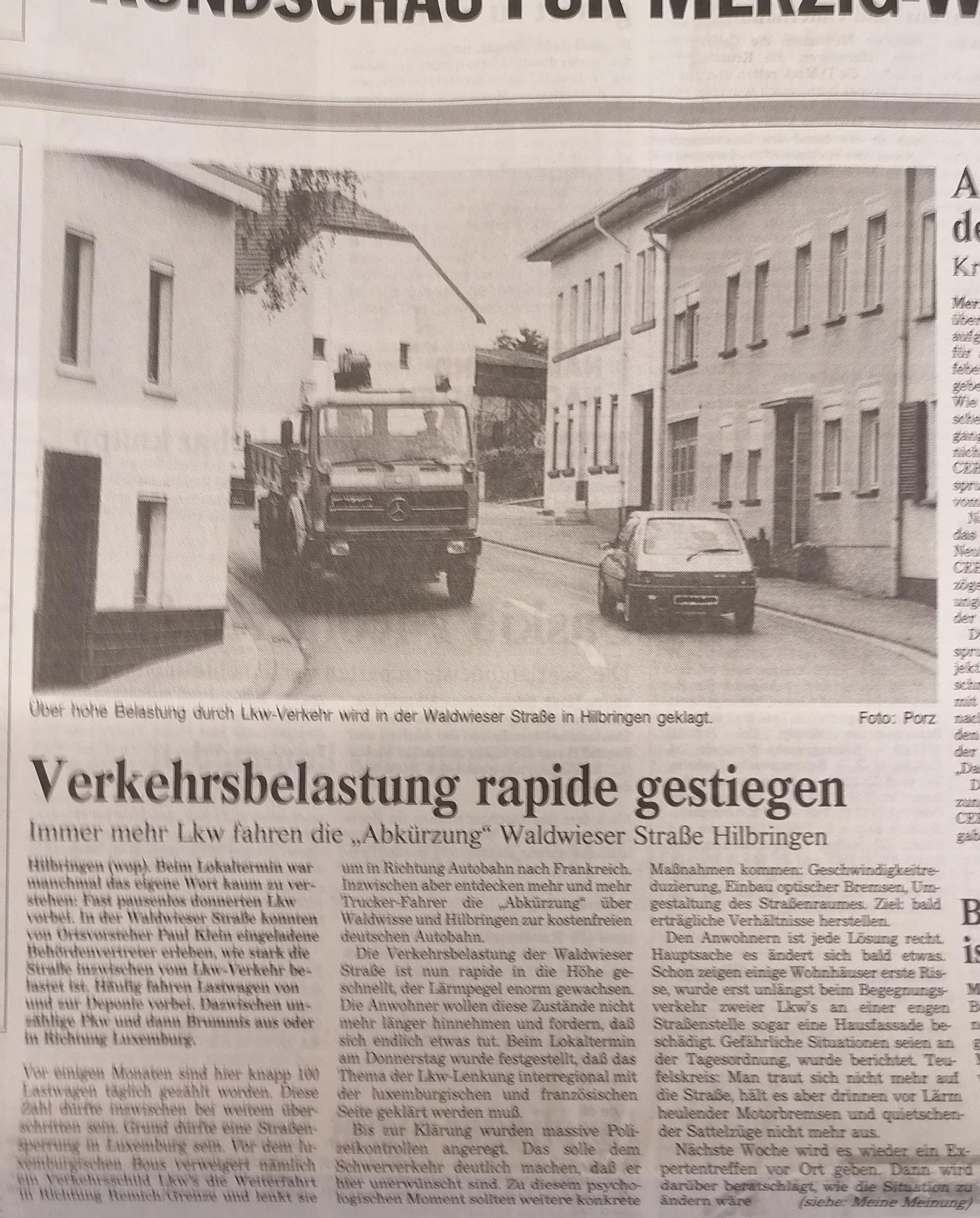 Vor 30 Jahren. Verkehrsbelastung der Waldwieserstr durch LKs . SZ. Bürgerarchiv Merzig