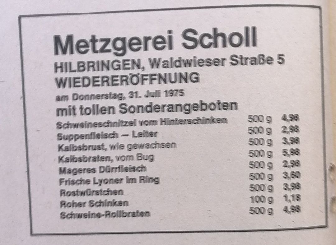 Wiedereröffnung Metzgerei Scholl 31 Juli 1975.