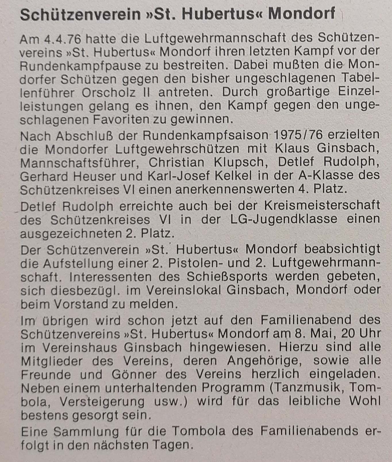 Schützenverein St. Hubertus Mondorf 4.4.1976