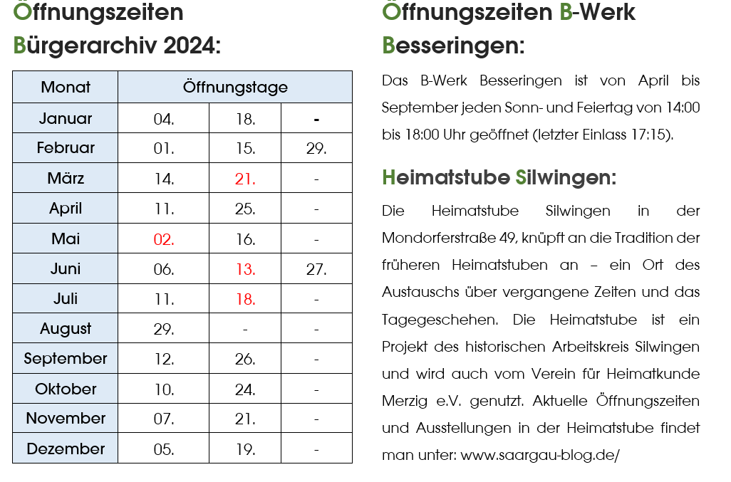 Öffungszeiten Bürgerarchiv Merzig