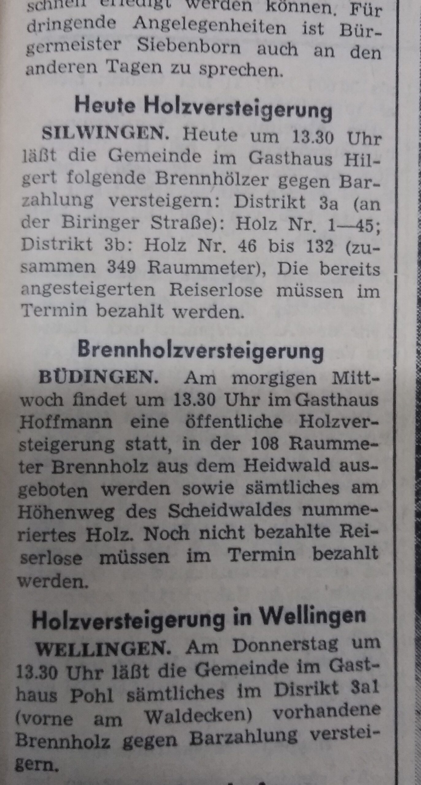 Brennstoffversteigerung im Januar Büdingen, Silwingen, Wellingen