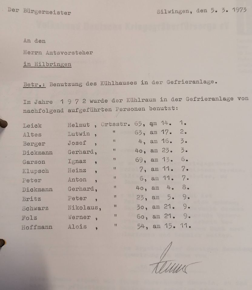 Benutzung des Gefrierhauses in Silwingen 1973