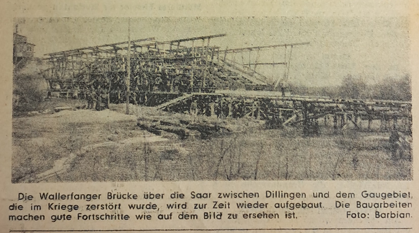 Wiederaufbau Wallerfanger Brücke nach Dilingen. SZ 1 April 1953.