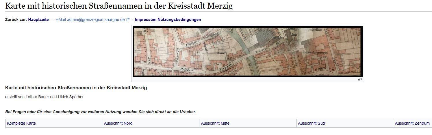 Karte mit historischen Straßennamen in der Kreisstadt Merzig. Komplette Karte.