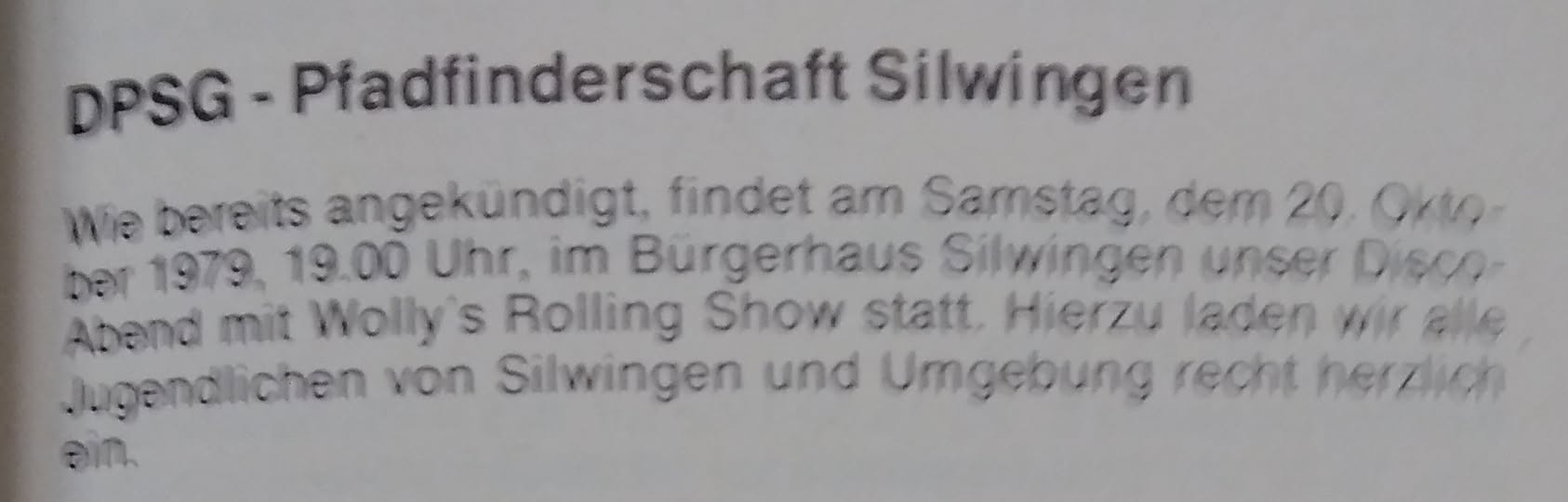 1979 Disco mit Wollys Rolling Disco Show im Silwinger Bürgerhaus. 