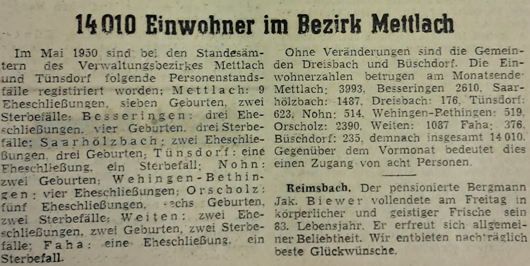 Einwohner Bezirk Mettlach