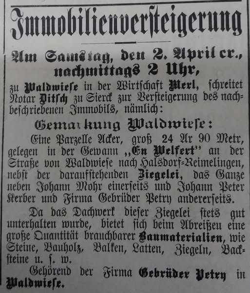 Versteigerung Ziegelei Waldwisse 1910