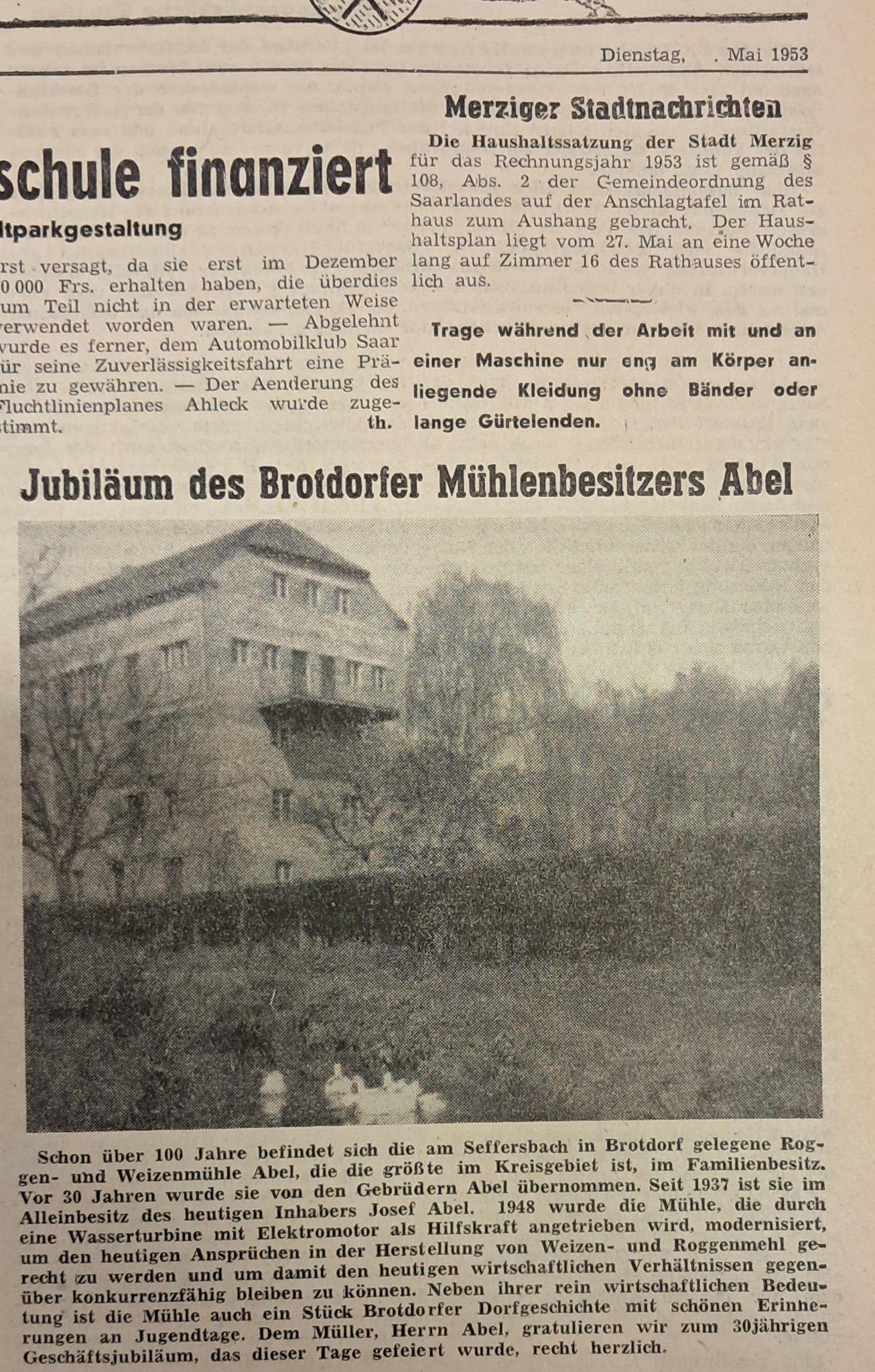 Mühle Abel Brotdorf Jubiläum. SVZ 1953