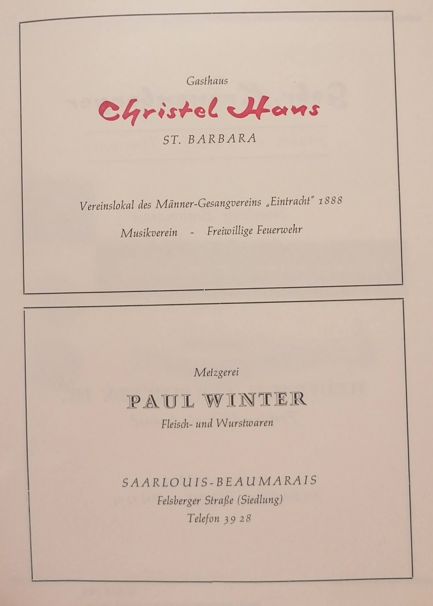 Werbung von 1963 aus 75 Jahre Männergesangverein Eintracht 1888 St. Barbara