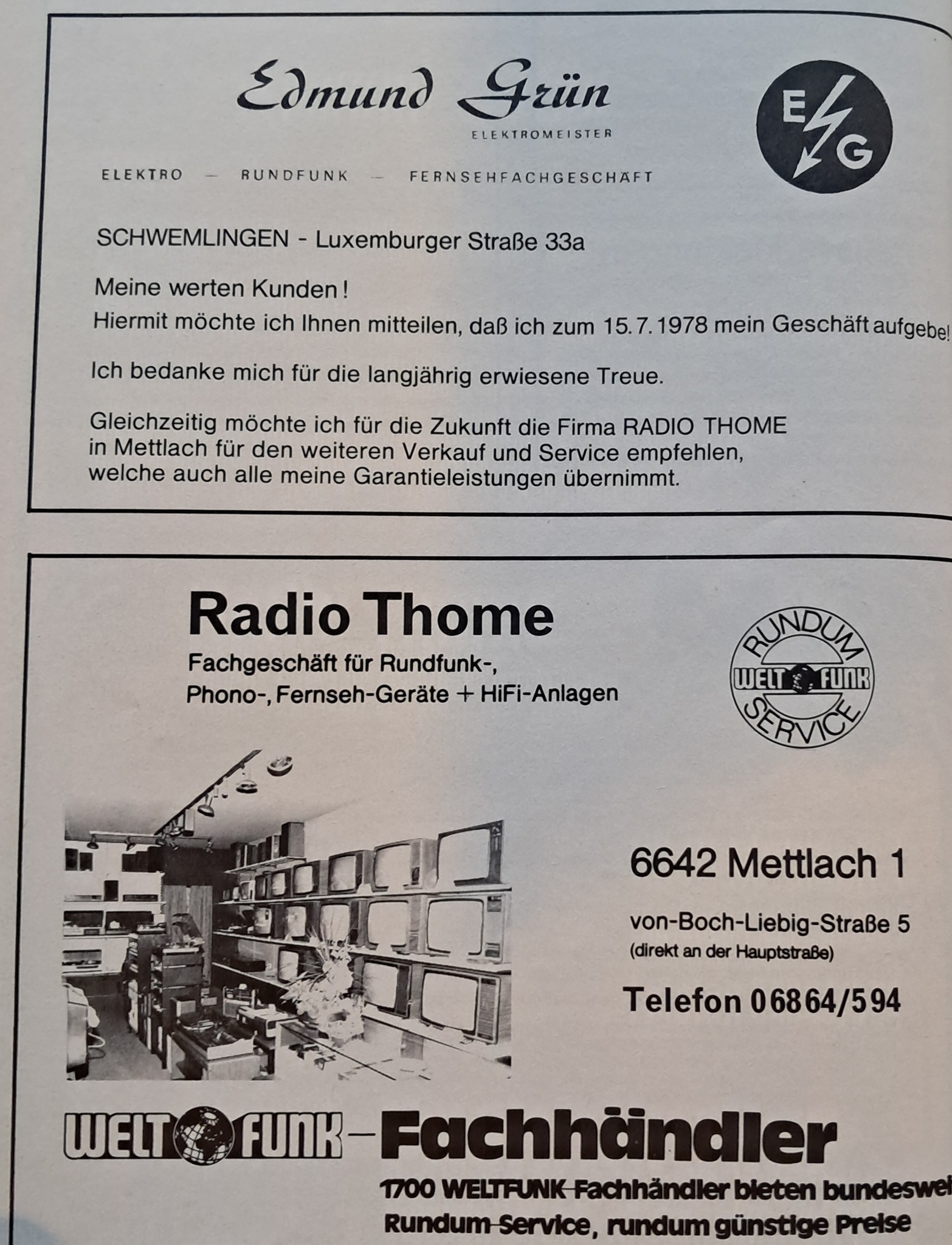 Geschäftsaufgabe Elektro Grün Schwemlingen 1978. Neues aus Merzig.