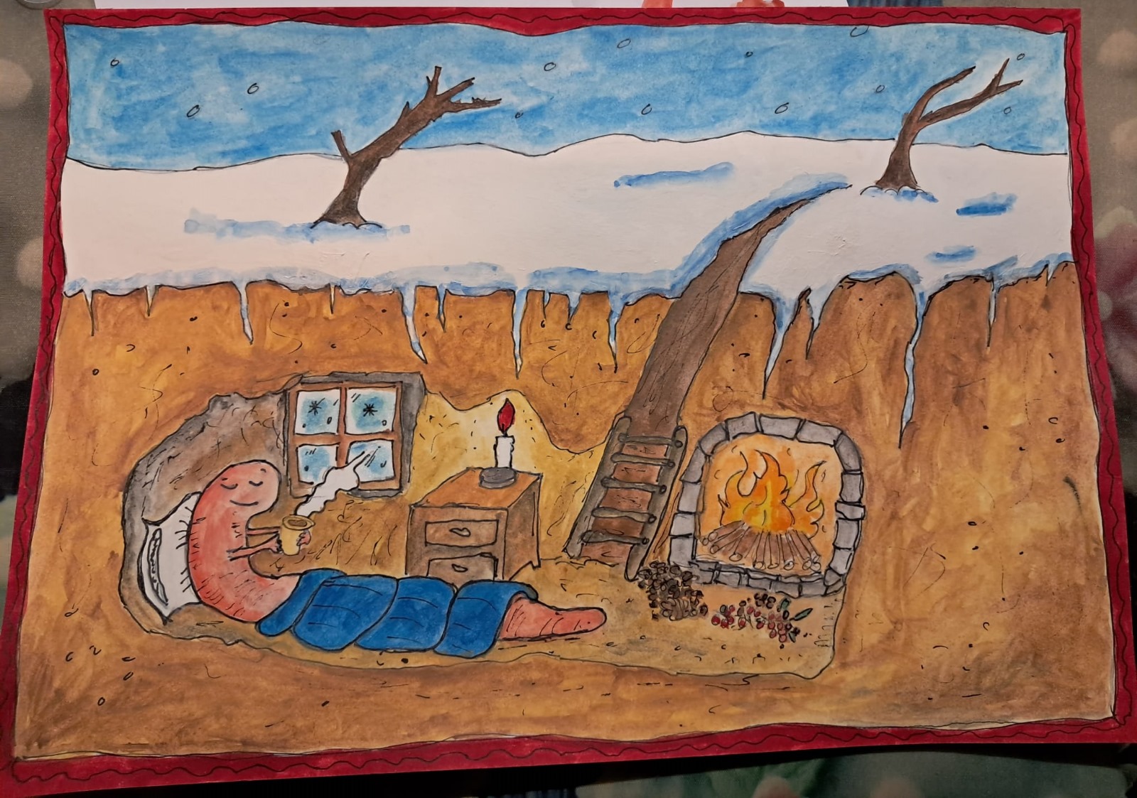 Winterreim mit Wurm: Bleibt im warmen Nest – Aquarell 20×30