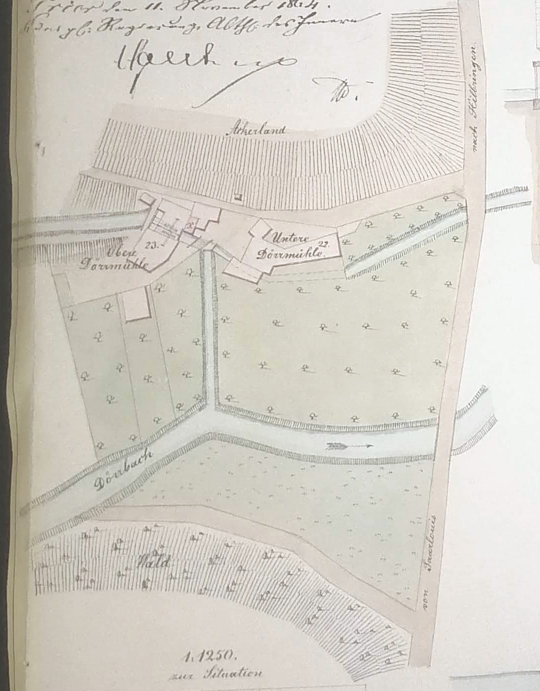 Historie der Dörrmühle: Wasserführung und Situationsplan